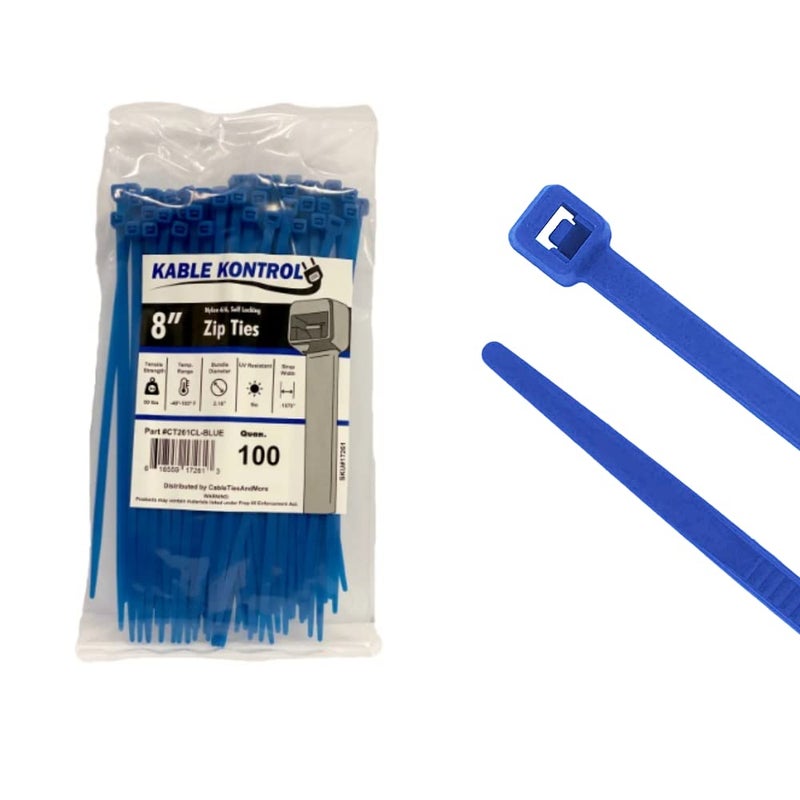 Kable Kontrol Blue Zip Ties 8 Inch 100 Pcs  50 Lbs Tensile Strength  Self-locking Nylon Colored Cable Ties Wire Wraps for Indoor or Outdoor Use - Image 1